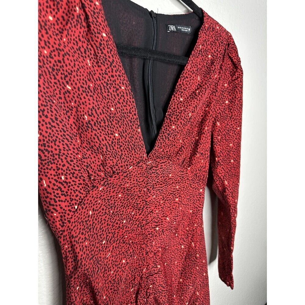 Zara Dress Womens XS Mini V Neck Ruched Party Polka Dot Red Black Long Sleeve - Picture 5 of 7
